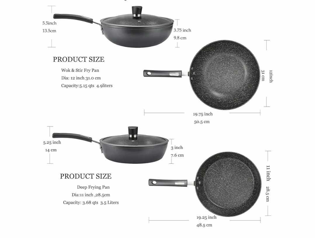 Deep Frying & Wok Pan Set 12 inch wok & stir fry pan w lid, 11 inch skillet frying pan w lid Non Stick Granite Stone Finish - Image 9