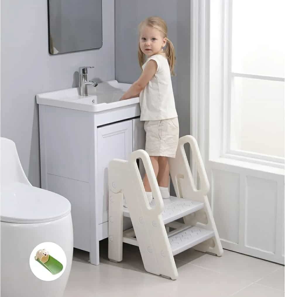 Foldable Step Stool for Kids Adjustable 3 to 2 Stool for Bathroom Sink Toddler Toilet Potty Training Stool Baby Kitchen Stool Children Step Ladder with Non-Slip Pads, Grey