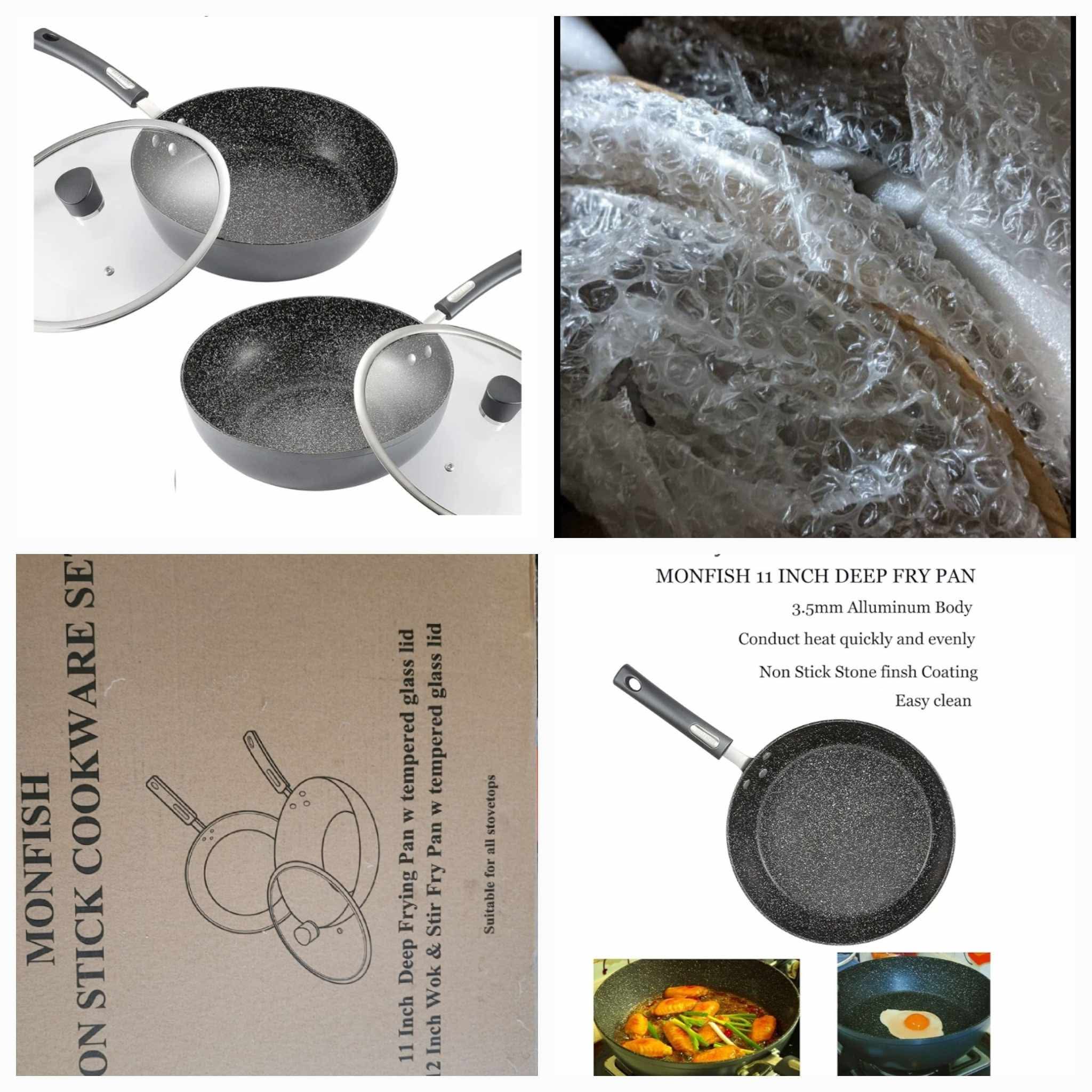 Deep Frying & Wok Pan Set 12 inch wok & stir fry pan w lid, 11 inch skillet frying pan w lid Non Stick Granite Stone Finish - Image 5