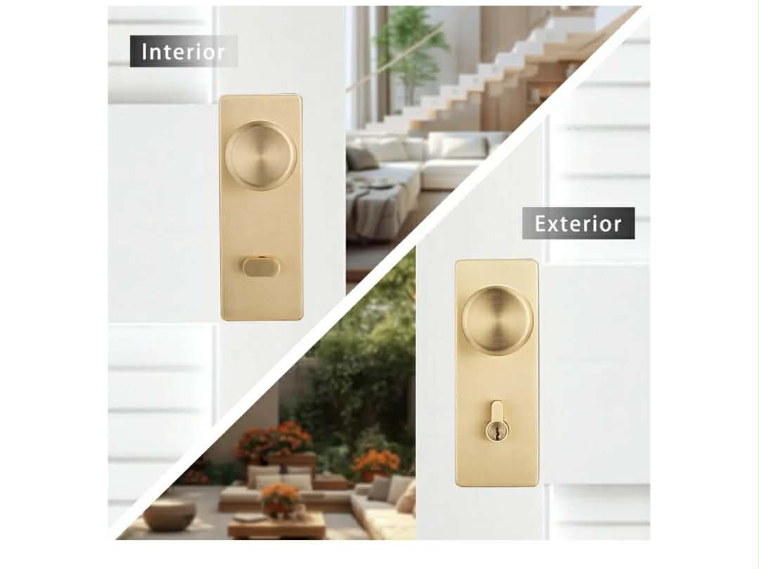 Gold Door Knob with Lock, Satin Brass Exterior Door Lock Set with Deadbolt Lock, Pismo Knob Front Door Handle - Image 2