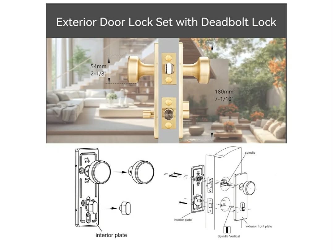 Gold Door Knob with Lock, Satin Brass Exterior Door Lock Set with Deadbolt Lock, Pismo Knob Front Door Handle - Image 4