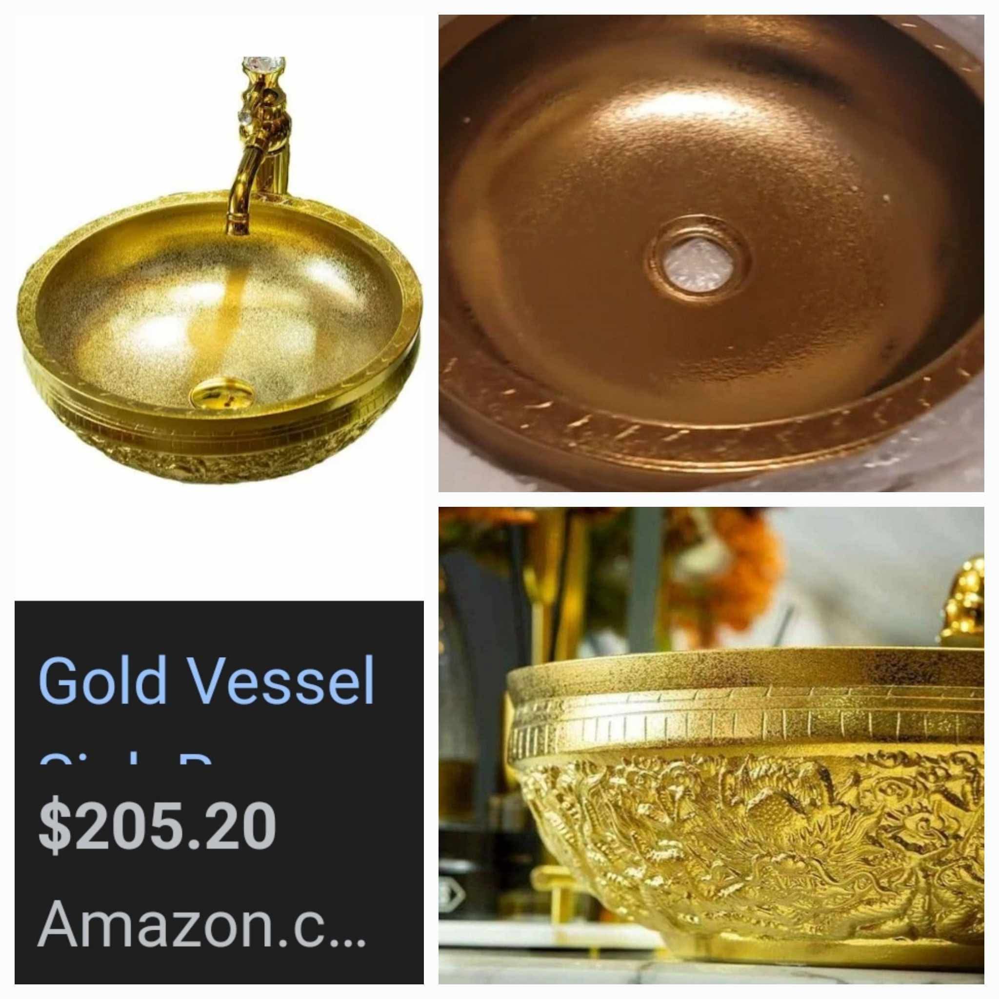Gold Vessel Sink Round Bowl for Bathroom Countertop Ceramic Wash Basin with Hand Carved Dragon Pattern, L16.4"W16.4 - Image 3
