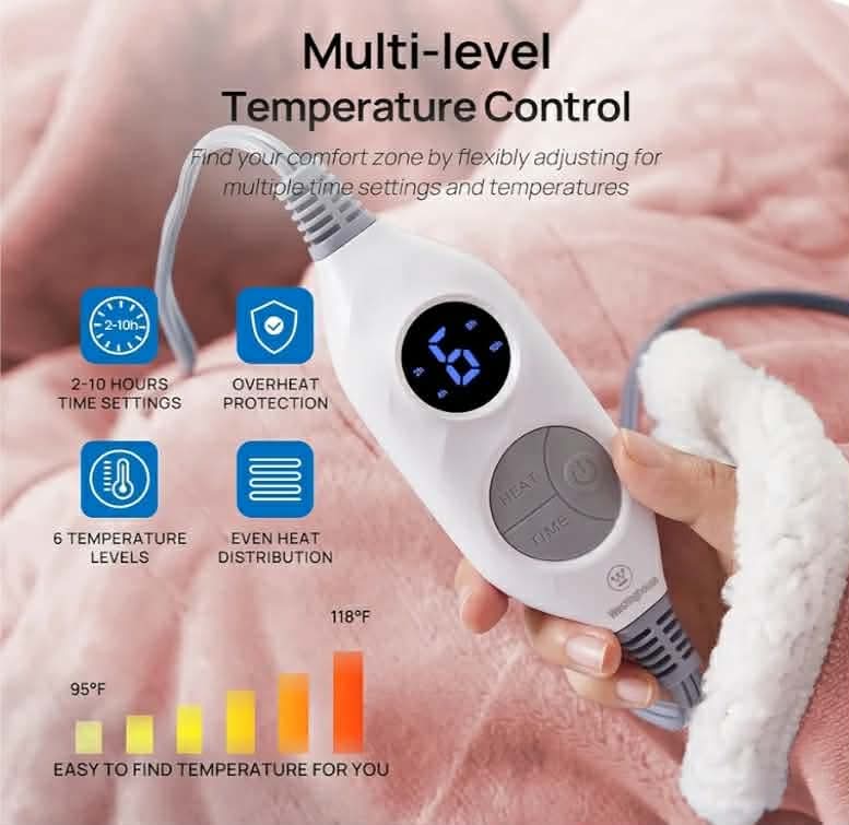 Electric Snuggle Throw Blankets with Foot Pocket, Wearable Heated Blanket with Sleeves, 6 Heating Levels & 2 to 10 Hours Heating Time Settings, 50 * 70"+18", Pink - Image 12