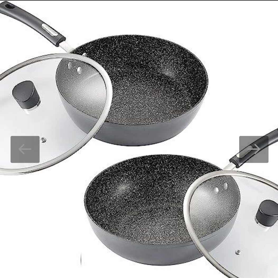 Deep Frying & Wok Pan Set 12 inch wok & stir fry pan w lid, 11 inch skillet frying pan w lid Non Stick Granite Stone Finish