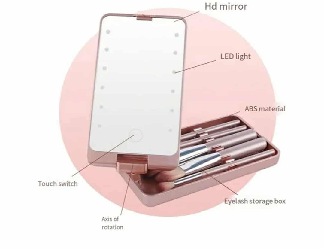 Portable Makeup Mirror With 5 Makeup Brushes Travel Case Storage Box LED Rechargeable Makeup Mirror (White) - Image 8