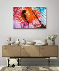 Alternative view of Red Forest Canvas Wall Art for Living Room, Woods Goddess and Deer Creatures Painting Prints with Autumn Leaves, Surreal Artwork Decor of Dryad Back View Picture, 24x36
