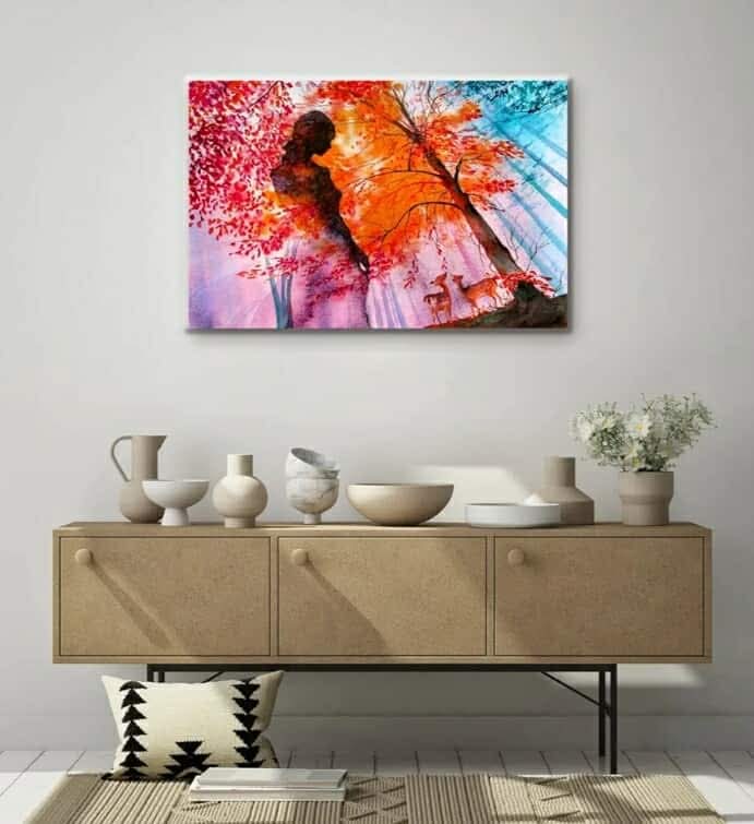 Red Forest Canvas Wall Art for Living Room, Woods Goddess and Deer Creatures Painting Prints with Autumn Leaves, Surreal Artwork Decor of Dryad Back View Picture, 24x36 - Image 2