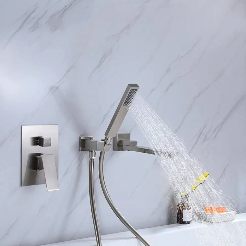 Wall Mounted Bathtub Faucet with Handheld Shower, Solid Brass 180° Swivel Bathroom Tub Filler Faucet with Hand Shower Modern Single Handle Tub Faucet Set, Brushed Nickel - Image 12
