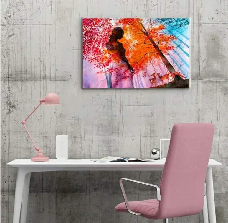 Red Forest Canvas Wall Art for Living Room, Woods Goddess and Deer Creatures Painting Prints with Autumn Leaves, Surreal Artwork Decor of Dryad Back View Picture, 24x36 - Image 7