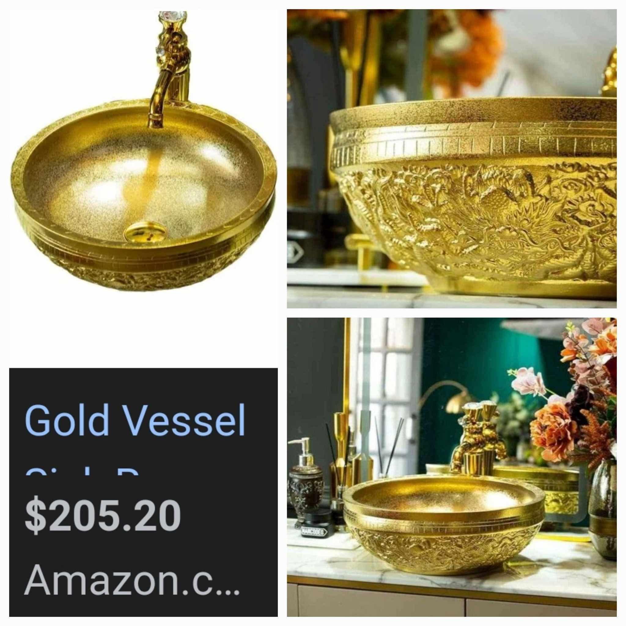 Gold Vessel Sink Round Bowl for Bathroom Countertop Ceramic Wash Basin with Hand Carved Dragon Pattern, L16.4"W16.4 - Image 14