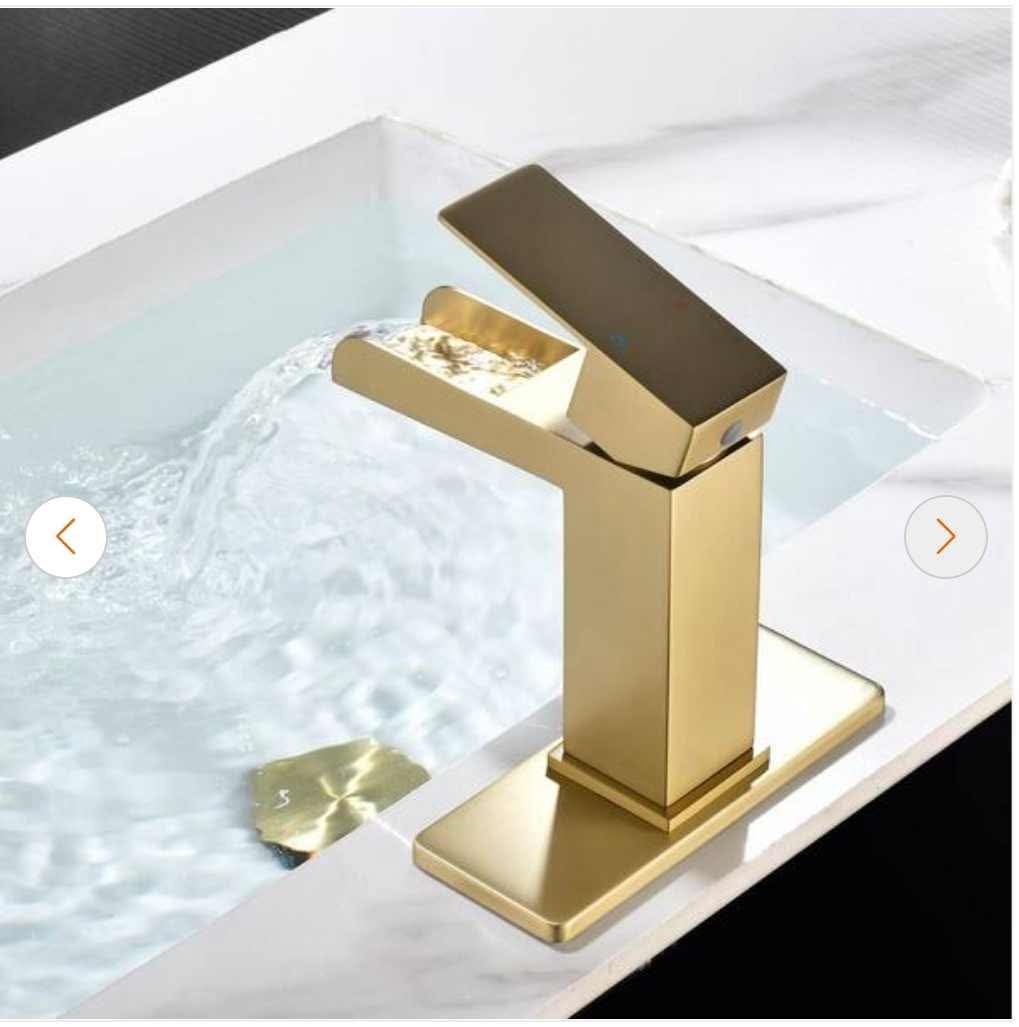 Single Handle Faucet with Deck Plate, Waterfall Single Hole Bathroom Faucet in Brushed Gold - Image 10
