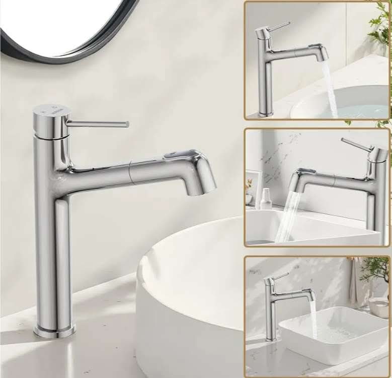 Vessel Sink Faucet with Pull Out Sprayer, Tall Bathroom Faucets with Pop Up Drain, Stainless Steel Single Handle Faucets with 2 Spout Patterns, Chrome - Image 8