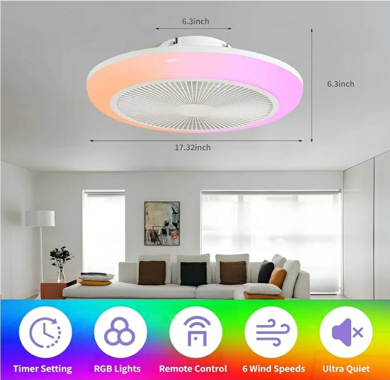 18'' Bladeless Ceiling Fan with RGB LED Light, Low Profile Flush Mount Ceiling Fan - Image 10
