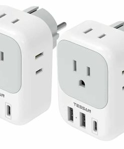 2 Pack Type E F Plug Adapter USB C, Germany France Power Adaptor with 3 USB Charger Ports, 4 AC Outlets Travel Plug