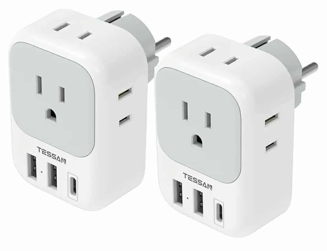 2 Pack Type E F Plug Adapter USB C, Germany France Power Adaptor with 3 USB Charger Ports, 4 AC Outlets Travel Plug