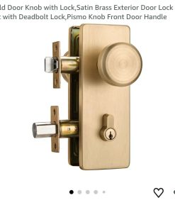 Gold Door Knob with Lock, Satin Brass Exterior Door Lock Set with Deadbolt Lock, Pismo Knob Front Door Handle