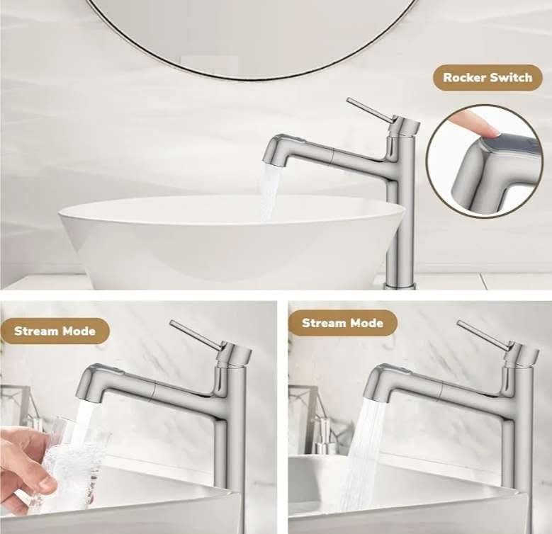 Vessel Sink Faucet with Pull Out Sprayer, Tall Bathroom Faucets with Pop Up Drain, Stainless Steel Single Handle Faucets with 2 Spout Patterns, Chrome - Image 6