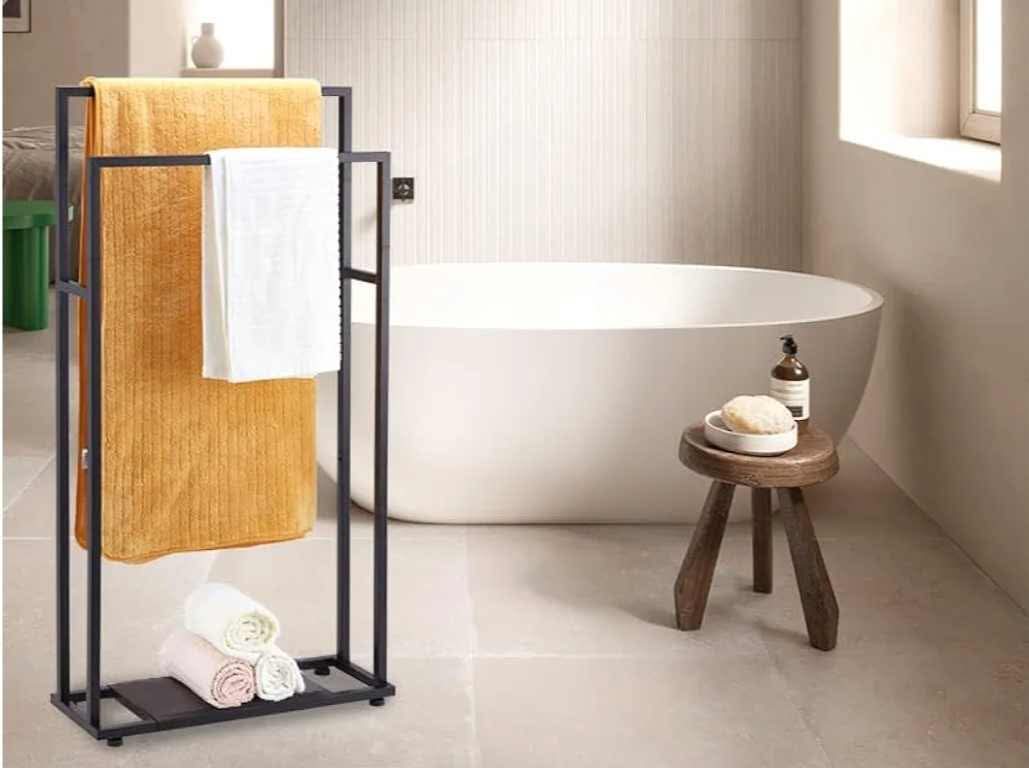 39'' Tall 2 Tier Bathroom Towel Rack Stand with Storage Shelves, Modern Standing Pool Towel Drying Rack for Outdoor, Black Blanket Holder - Image 13