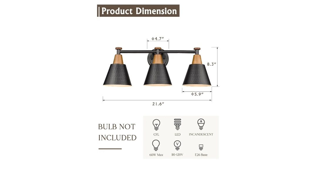 Black 3-Light Bathroom Vanity Lights Over Mirror with Hammered Metal Shade, Modern Wall Lamp - Image 3