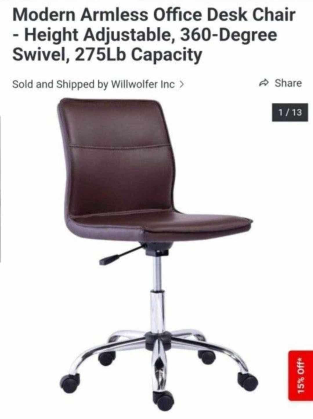 Modern Armless Office Desk Chair, Height Adjustable, 360-Degree Swivel, 275Lb Capacity, Brown/Chrome - Image 8