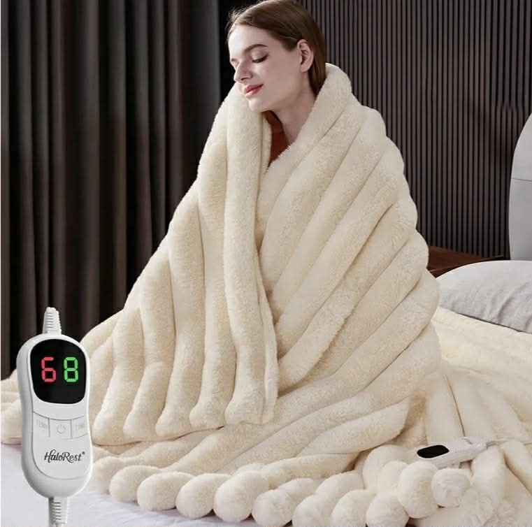 Heated Throw Blanket, Faux Fur Cozy Heating Blanket with Overheat Protection, 1/2/4/6/8 Hours Auto-Off 10 Heat Level, Machine Washable (50x60 Inches, Cream White)