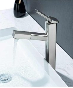 Single Handle Tall Bathroom Vessel Faucet with Pull Out Sprayer. Brushed Nickel