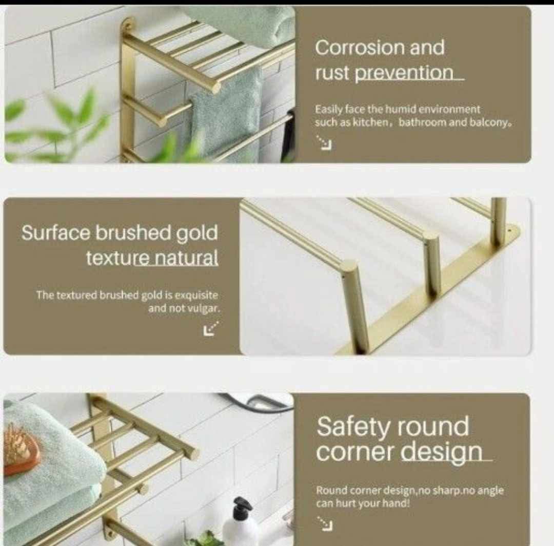3 Tier Bath Towel Rack 24 Inch Towel Bars Towel Shelf Bathroom Ladder Brushed Gold - Image 3