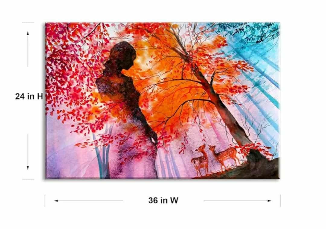 Red Forest Canvas Wall Art for Living Room, Woods Goddess and Deer Creatures Painting Prints with Autumn Leaves, Surreal Artwork Decor of Dryad Back View Picture, 24x36 - Image 3