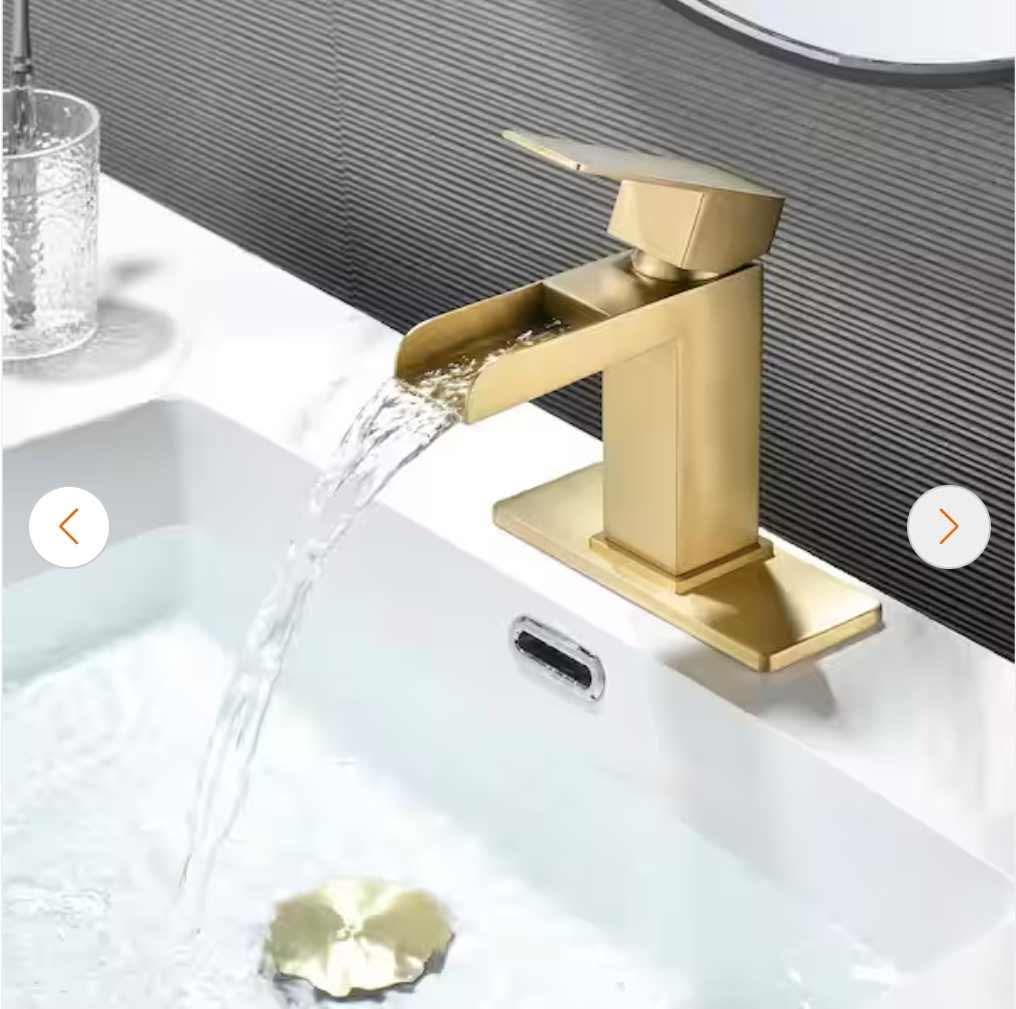 Single Handle Faucet with Deck Plate, Waterfall Single Hole Bathroom Faucet in Brushed Gold - Image 4