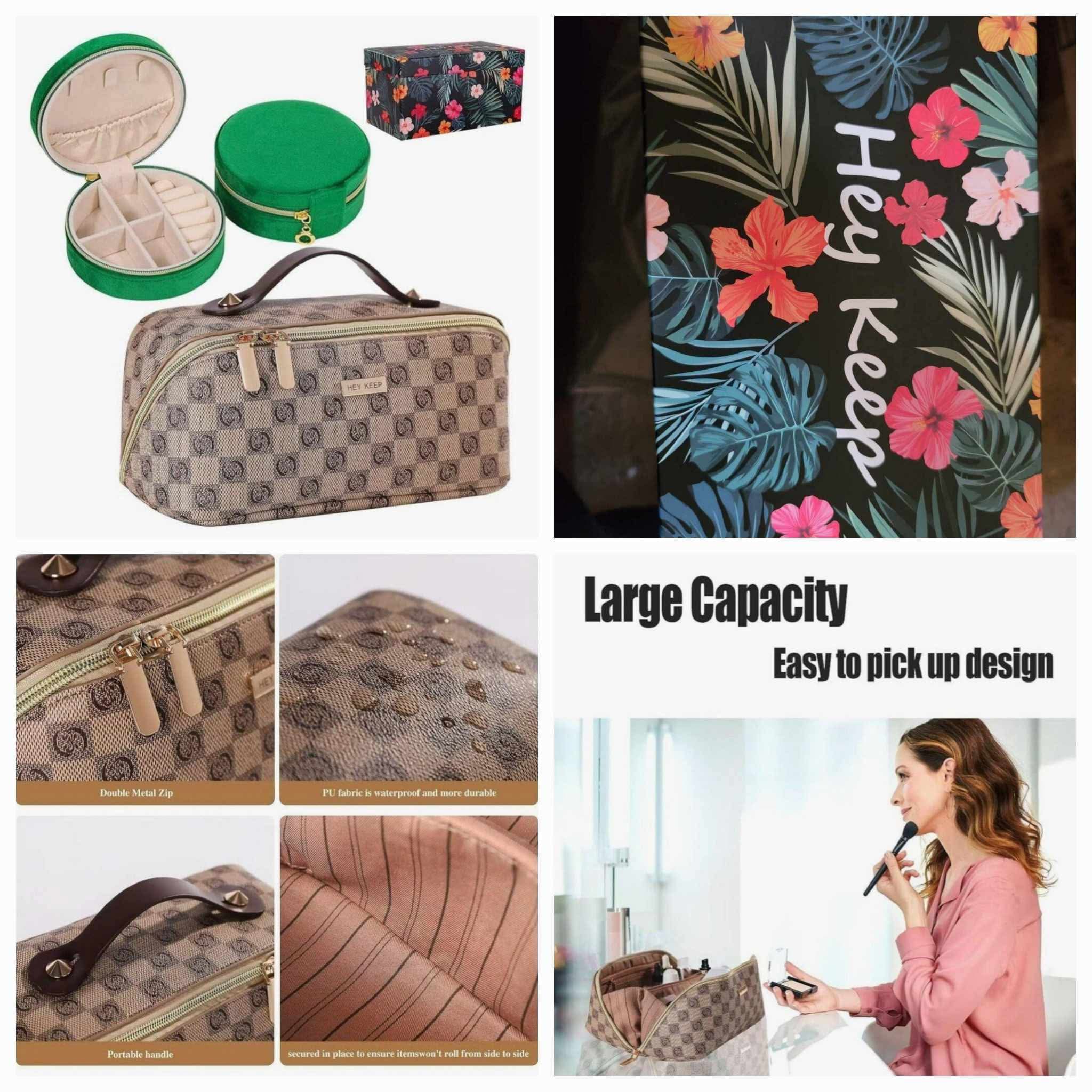Makeup Bag & Jewelry Case Set, Large Travel Cosmetic Bags Waterproof Portable Pouch Open Flat Toiletry Bag Make up Organizer - Image 7