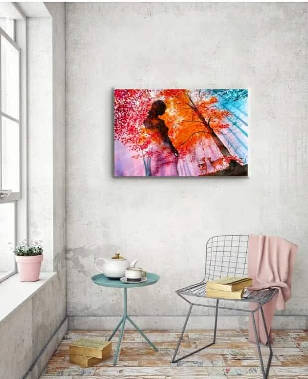 Red Forest Canvas Wall Art for Living Room, Woods Goddess and Deer Creatures Painting Prints with Autumn Leaves, Surreal Artwork Decor of Dryad Back View Picture, 24x36 - Image 5