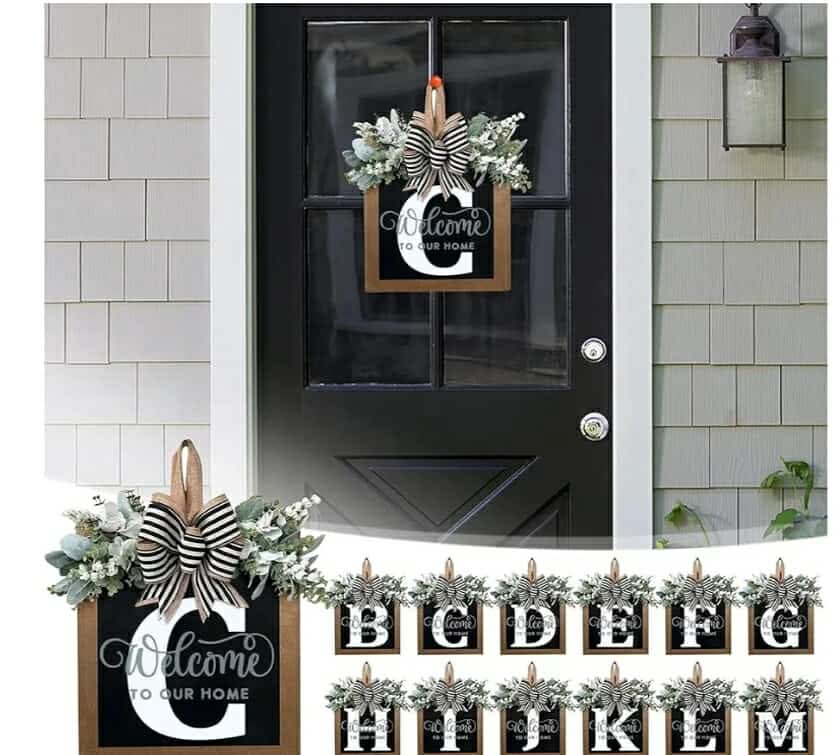 Last Name Year Round Front Door Wreath Front Porch Decoration 26 Letter Welcome Sign with Eucalyptus Garland and Bow Spring Wreaths for Front Door Outside Hanger Garland(C) - Image 9
