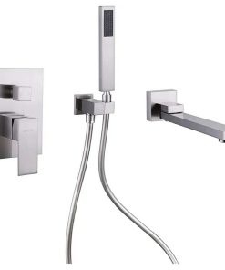Wall Mounted Bathtub Faucet with Handheld Shower, Solid Brass 180° Swivel Bathroom Tub Filler Faucet with Hand Shower Modern Single Handle Tub Faucet Set, Brushed Nickel
