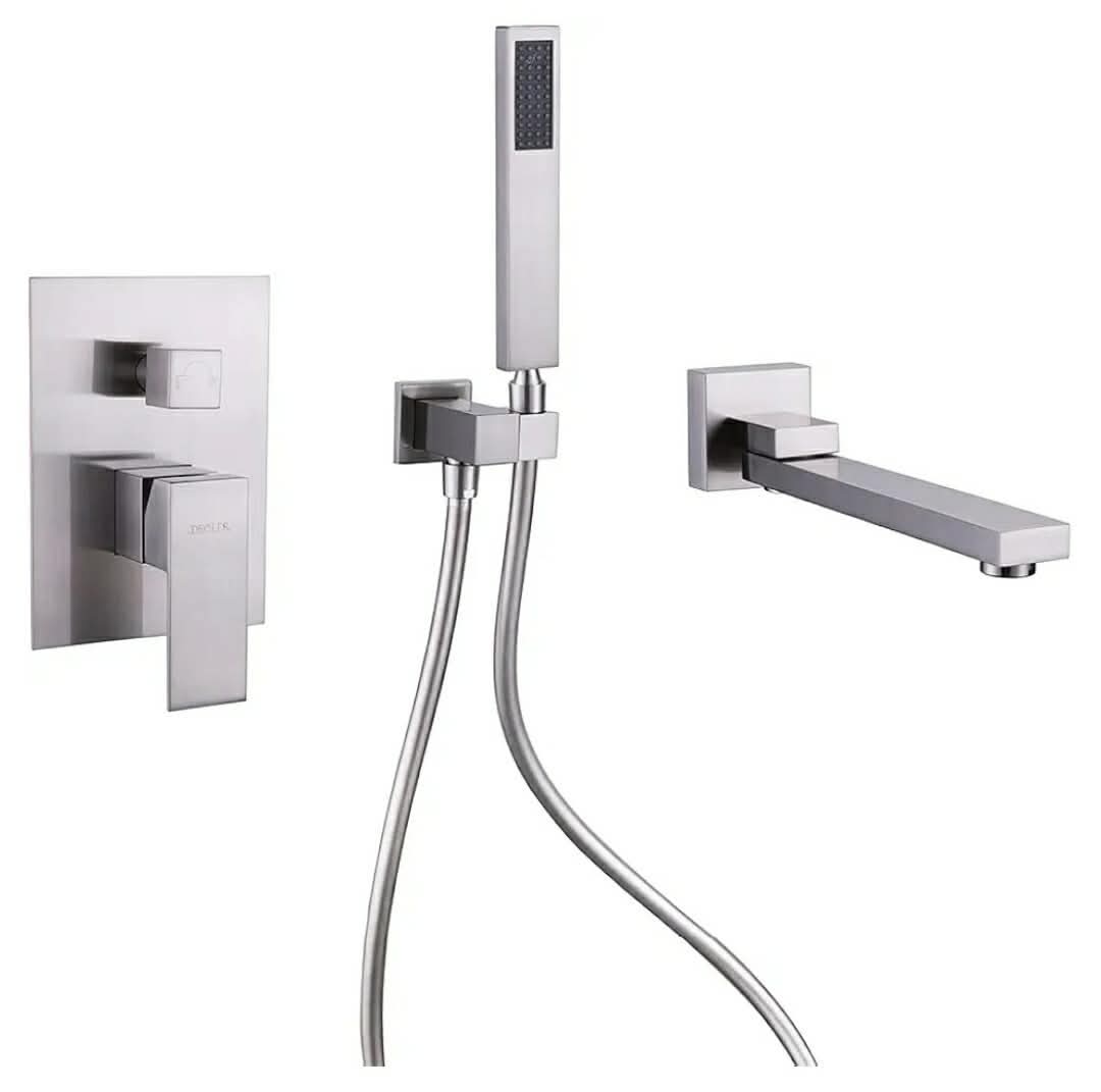 Wall Mounted Bathtub Faucet with Handheld Shower, Solid Brass 180° Swivel Bathroom Tub Filler Faucet with Hand Shower Modern Single Handle Tub Faucet Set, Brushed Nickel