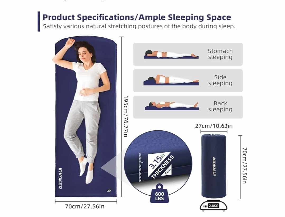 3.15" Camping Sleeping pad, Ultra-Thick Elasticity Foam Fast Self-Inflating 4-Season Insulated Durable Camping Mat Air Mattress - Image 5