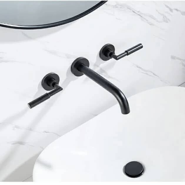 Black Wall Mount Faucet, Matte Black Wall Mounted Bathroom Sink Faucet, Dual Handle, Brass Rough-in Valve Included, Pt02MB - Image 5