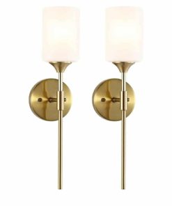 Gold Wall Sconce Set of 2 with White Cylinder Glass Shades Modern Mid Century Bathroom Vanity Wall Light Fixtures Industrial Brushed Brass
