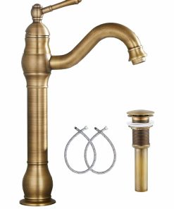 360° Swivel Antique Brass Bathroom Vessel Sink Faucet Single Handle One Hole Matching with Pop Up Drain