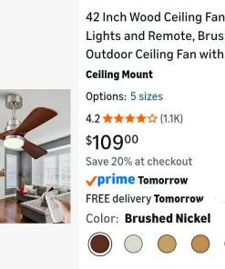 Alternative view of 42 Inch Ceiling Fan with Lights, Remote Control, Dimmable, Solid Wood Blades, Power-Off Memory, Quiet DC Motor, Modern Brushed Nickel Ceiling Fan