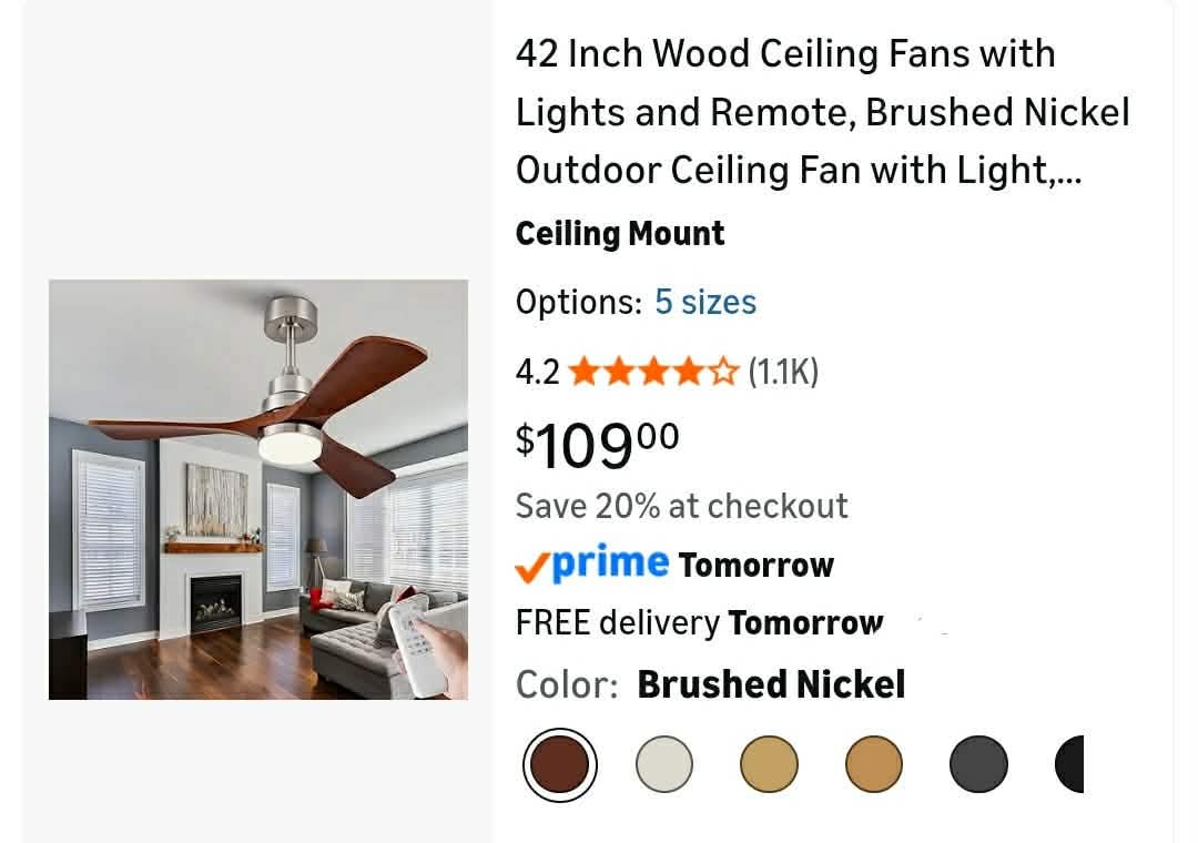 42 Inch Ceiling Fan with Lights, Remote Control, Dimmable, Solid Wood Blades, Power-Off Memory, Quiet DC Motor, Modern Brushed Nickel Ceiling Fan - Image 2