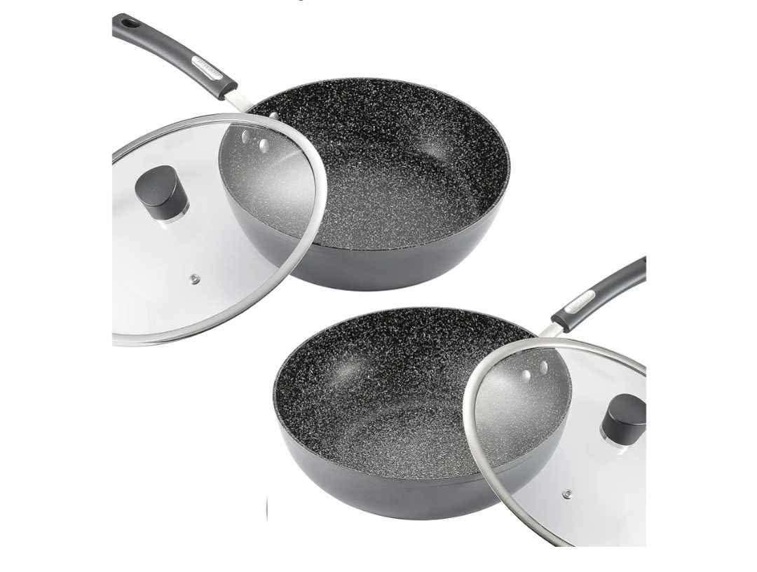 Deep Frying & Wok Pan Set 12 inch wok & stir fry pan w lid, 11 inch skillet frying pan w lid Non Stick Granite Stone Finish - Image 12