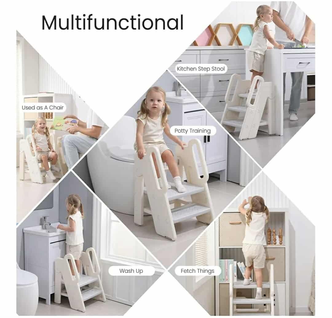 Foldable Step Stool for Kids Adjustable 3 to 2 Stool for Bathroom Sink Toddler Toilet Potty Training Stool Baby Kitchen Stool Children Step Ladder with Non-Slip Pads, Grey - Image 7