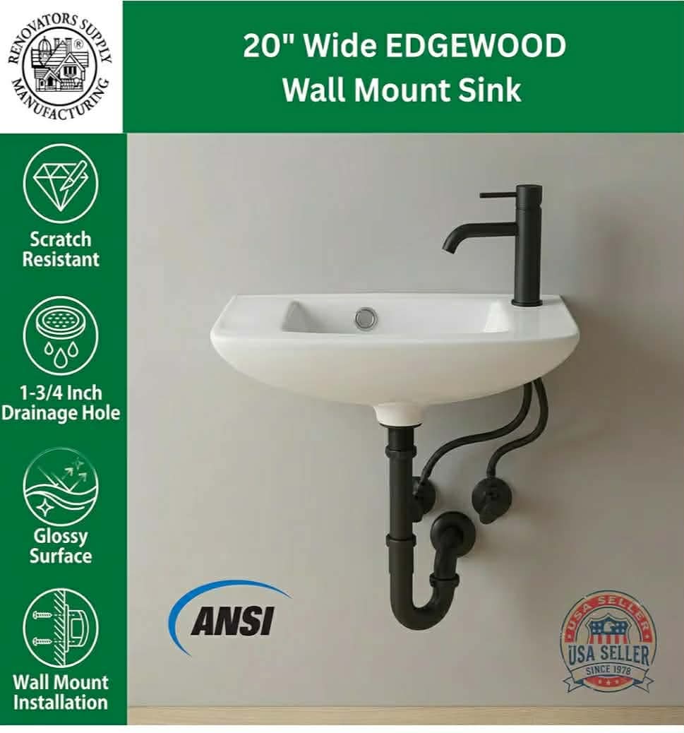 Small Wall Mount Sink, Renovators Supply Edgewood 20" Wide White Grade A Vitreous China Rectangular Small Porcelain Floating Bathroom Vessel Sink - Image 6