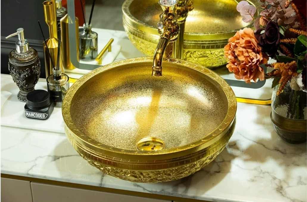 Gold Vessel Sink Round Bowl for Bathroom Countertop Ceramic Wash Basin with Hand Carved Dragon Pattern, L16.4"W16.4 - Image 17