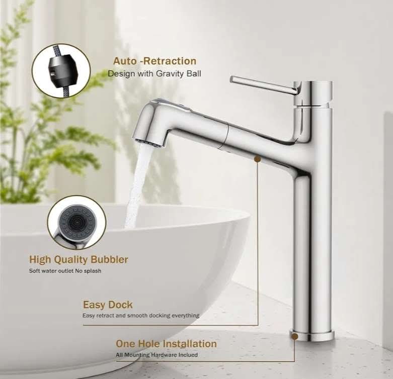 Vessel Sink Faucet with Pull Out Sprayer, Tall Bathroom Faucets with Pop Up Drain, Stainless Steel Single Handle Faucets with 2 Spout Patterns, Chrome - Image 4