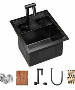 RV Kitchen Sink, 13 x 15 x 9 Inch Undermount Bar Sink Premium Stainless Steel Single Bowl Sink with Faucet, Cutting Board, Dark Grey