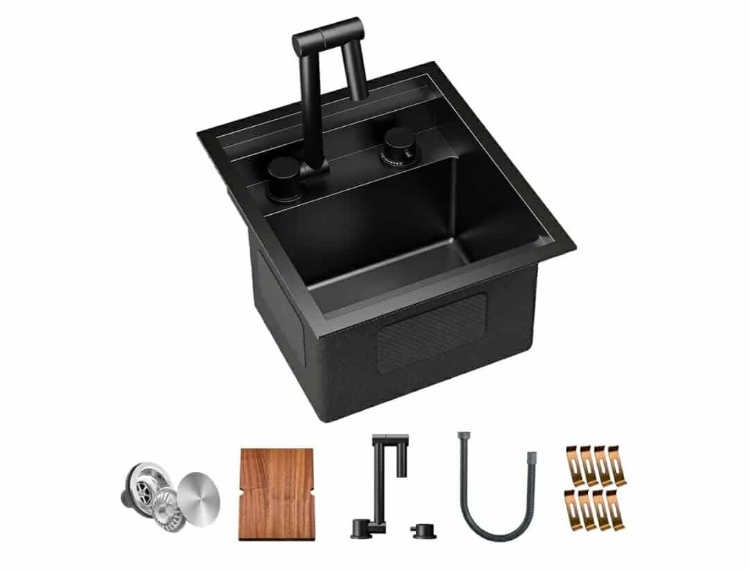RV Kitchen Sink, 13 x 15 x 9 Inch Undermount Bar Sink Premium Stainless Steel Single Bowl Sink with Faucet, Cutting Board, Dark Grey