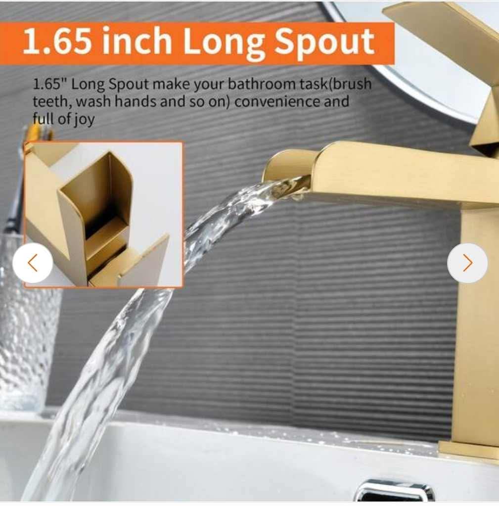 Single Handle Faucet with Deck Plate, Waterfall Single Hole Bathroom Faucet in Brushed Gold - Image 6
