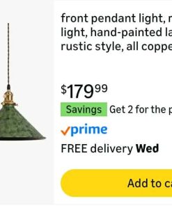 Alternative view of Set of 2 Front Pendant Lights, Restaurant Light, Hand-Painted Lampshade, Rustic Style, All Copper Lamp Head, Adjustable Height, Green