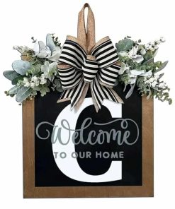 Last Name Year Round Front Door Wreath Front Porch Decoration 26 Letter Welcome Sign with Eucalyptus Garland and Bow Spring Wreaths for Front Door Outside Hanger Garland（C）